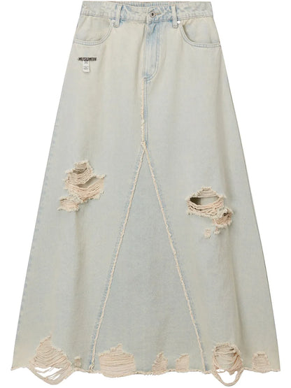 Distressed Denim Maxi Skirt