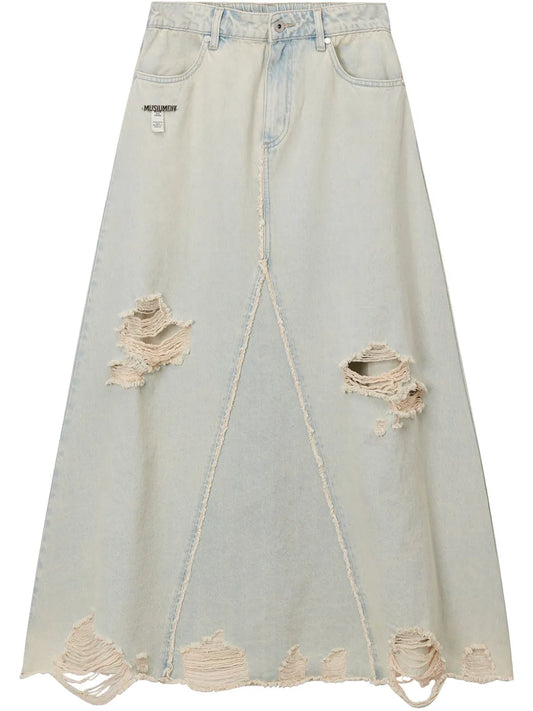 Distressed Denim Maxi Skirt
