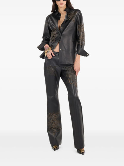 Floral-Embroidery Flared Trousers