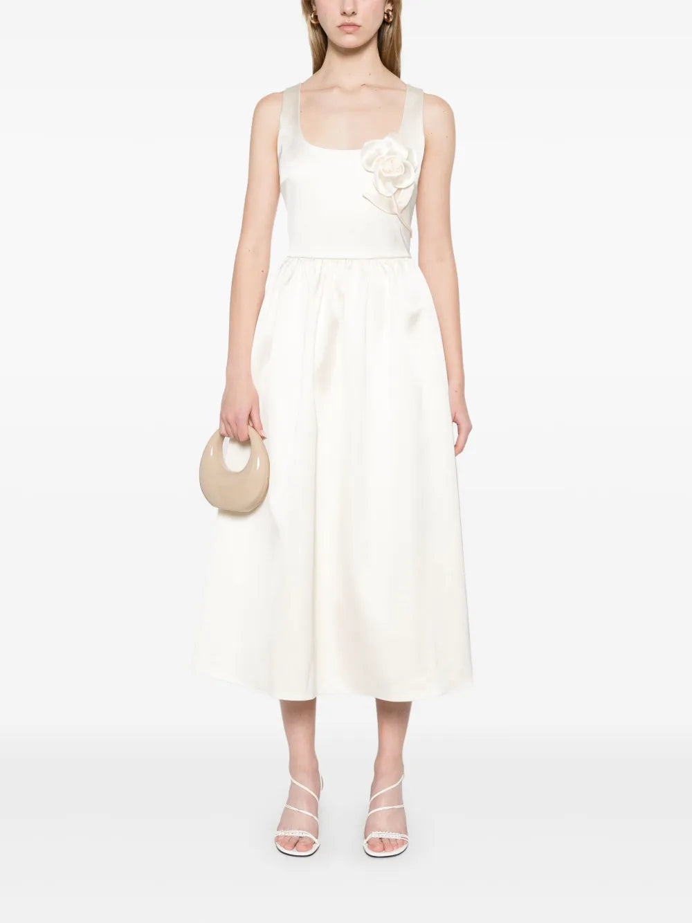 Floral-Appliqué Satin Midi Dress