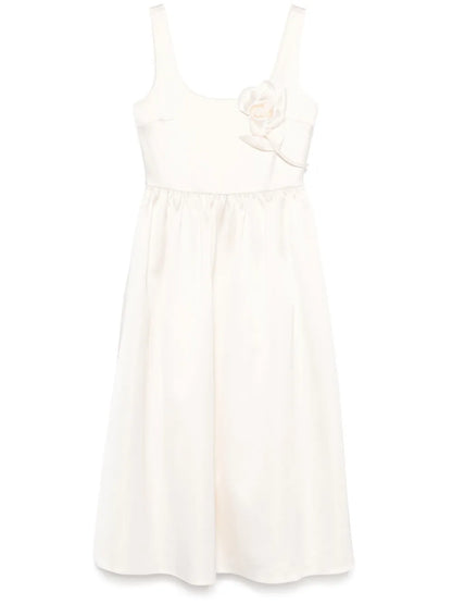 Floral-Appliqué Satin Midi Dress