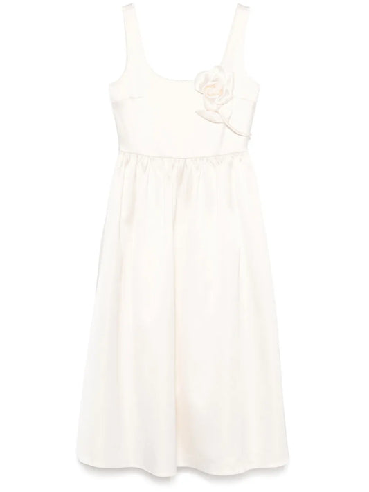 Floral-Appliqué Satin Midi Dress