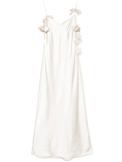 Floral-Appliqué Satin Maxi Dress