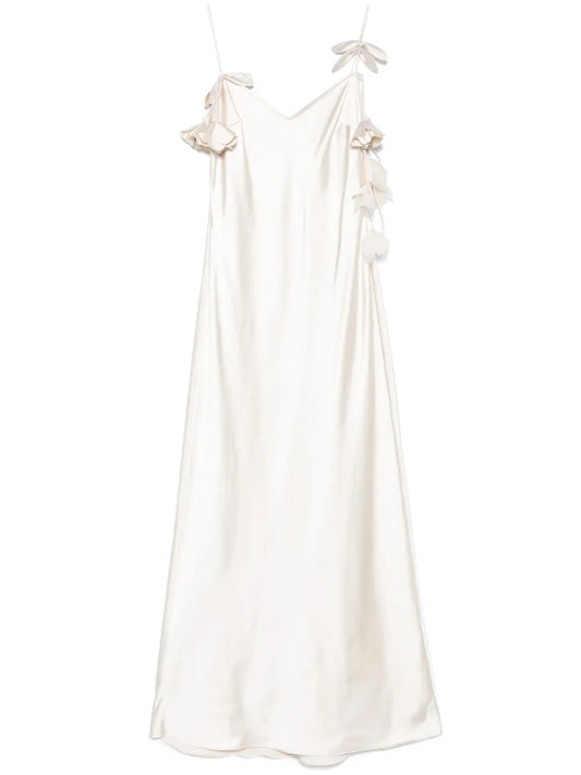 Floral-Appliqué Satin Maxi Dress