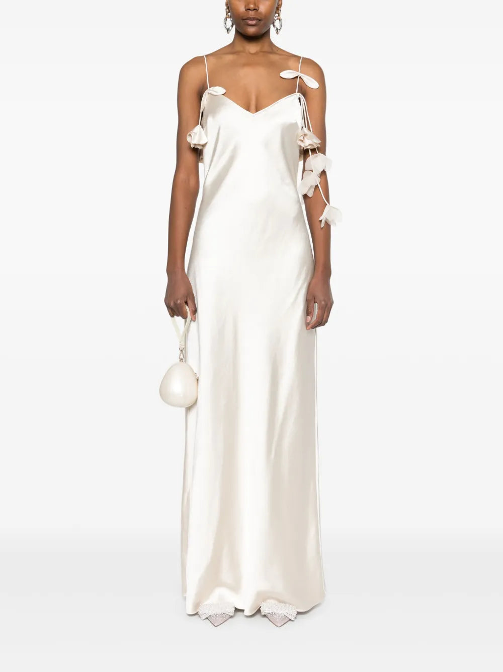 Floral-Appliqué Satin Maxi Dress