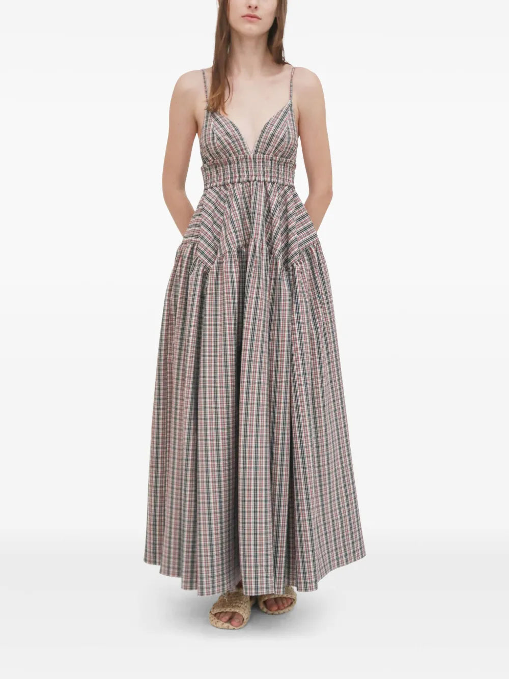 Check Gathered Midi Dress