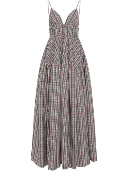 Check Gathered Midi Dress