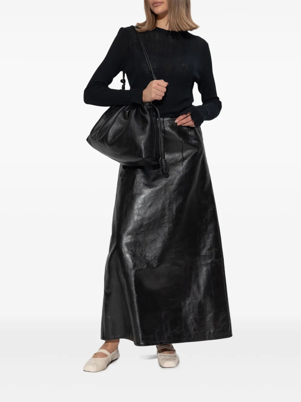 Pleated Leather Maxi Skirt