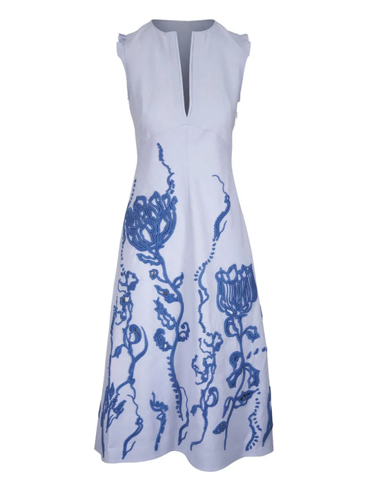 Floral-Embroidered Midi Dress