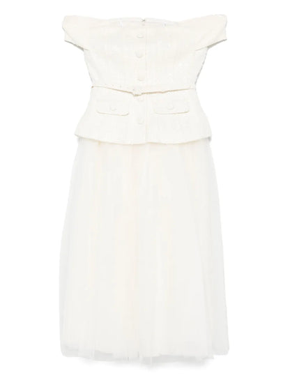 Tulle-Panel Bouclé Midi Dress