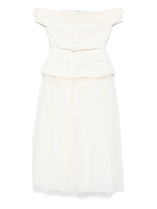 Tulle-Panel Bouclé Midi Dress