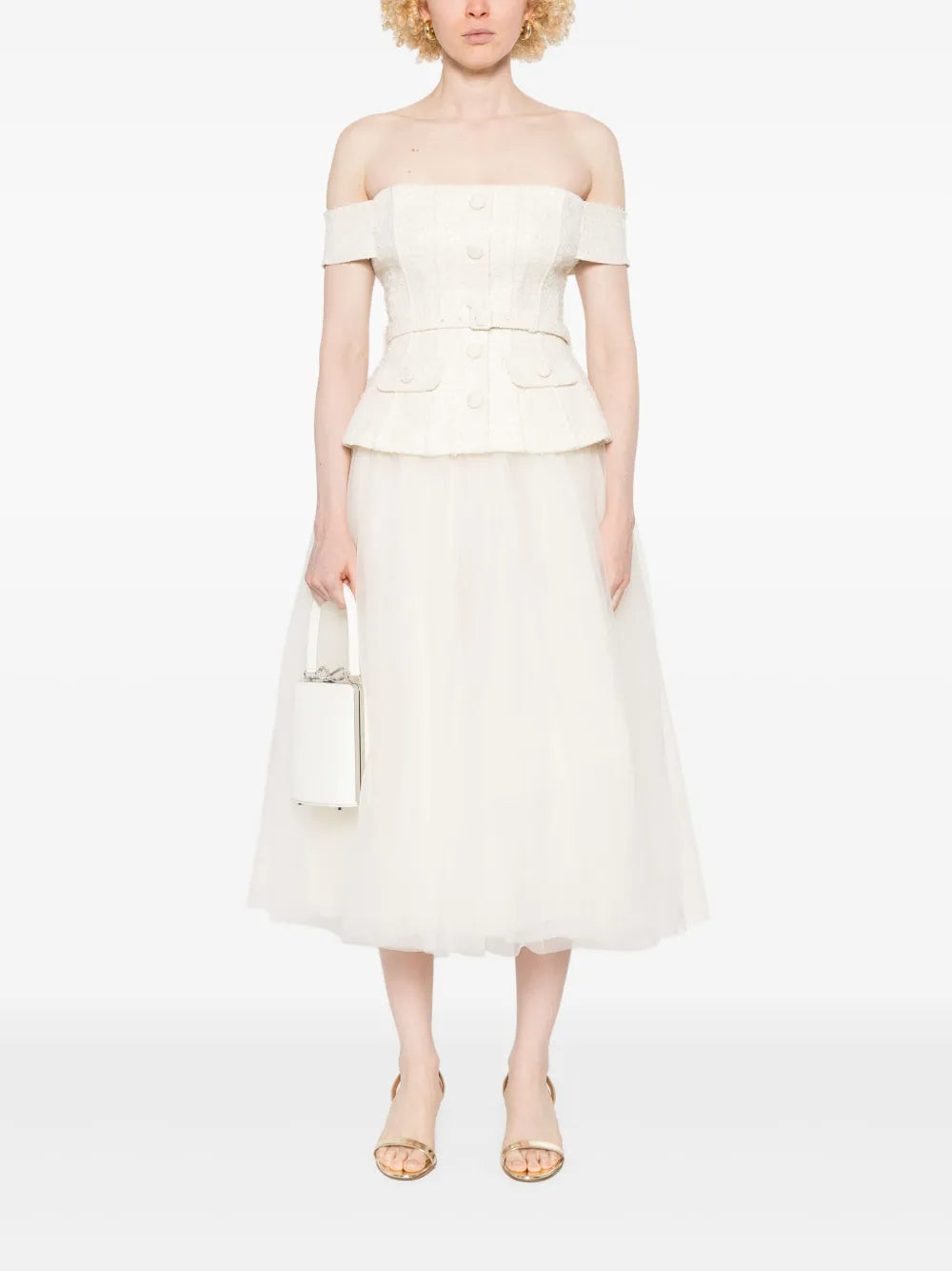 Tulle-Panel Bouclé Midi Dress