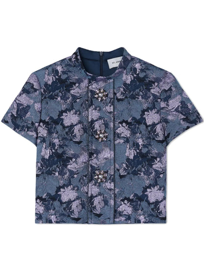 Floral-Print Metallic Top
