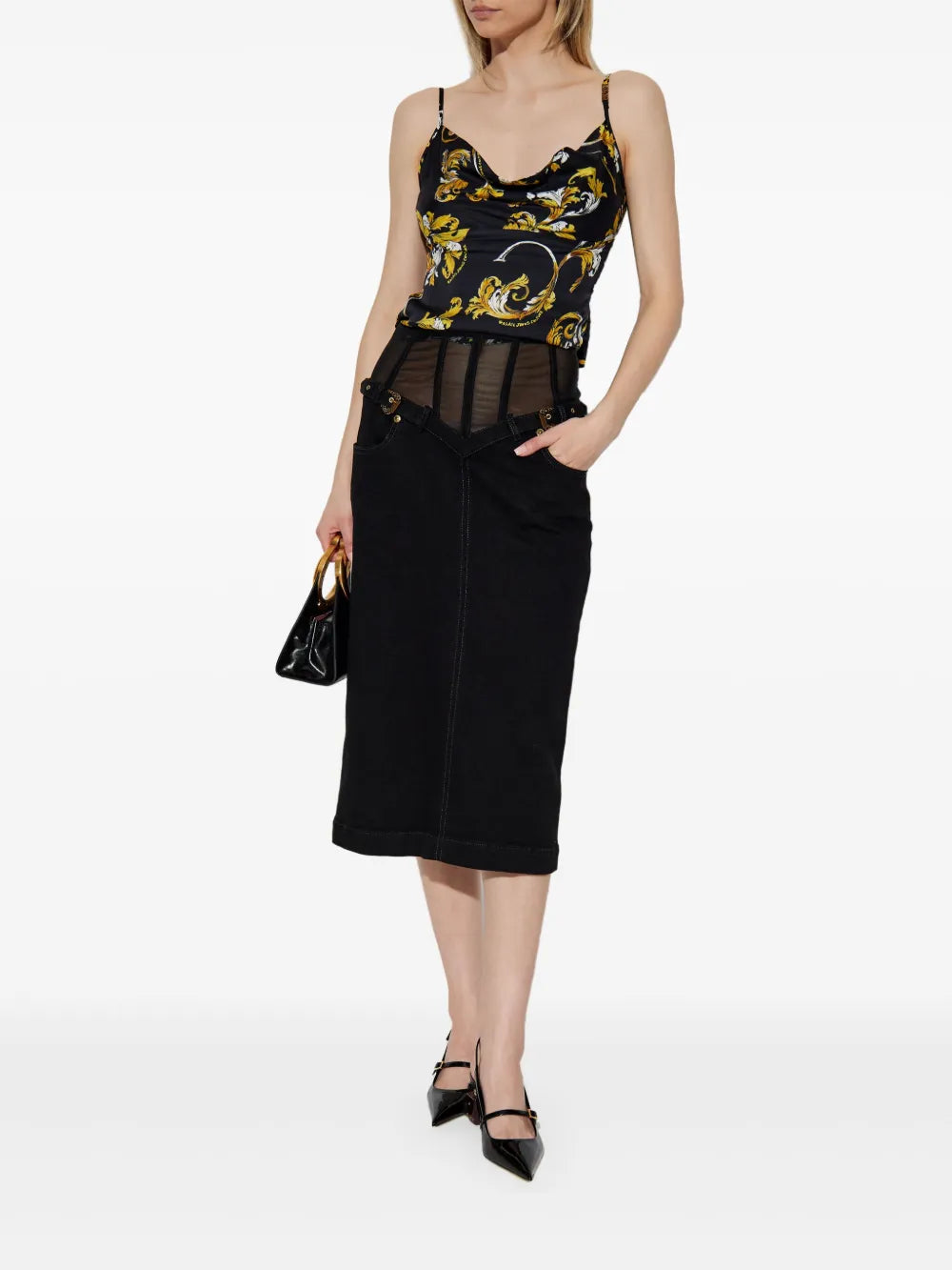 Barocco-Buckle Denim Skirt