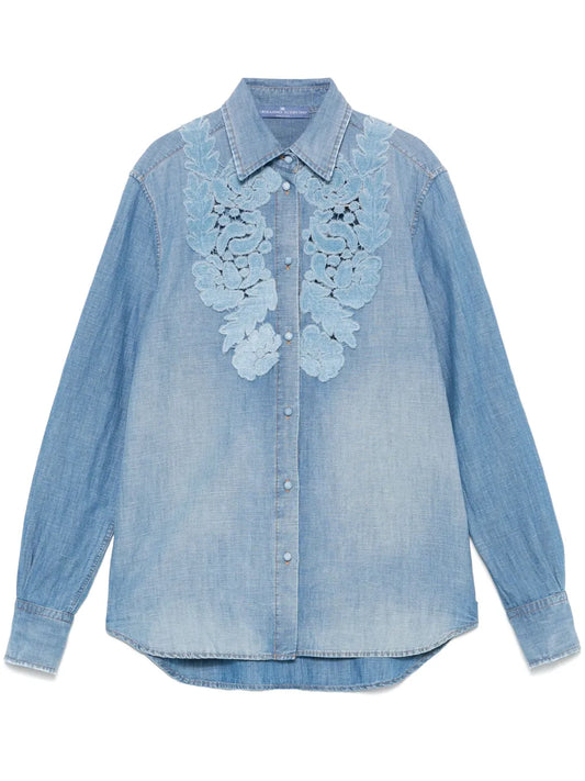 Floral-Appliqué Denim Shirt
