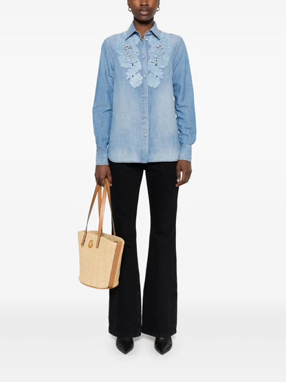 Floral-Appliqué Denim Shirt