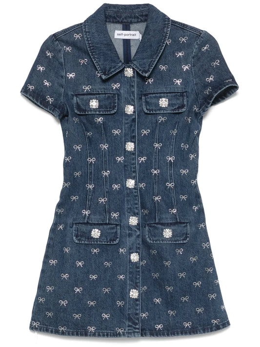 Bow-Embellished Denim Mini Dress