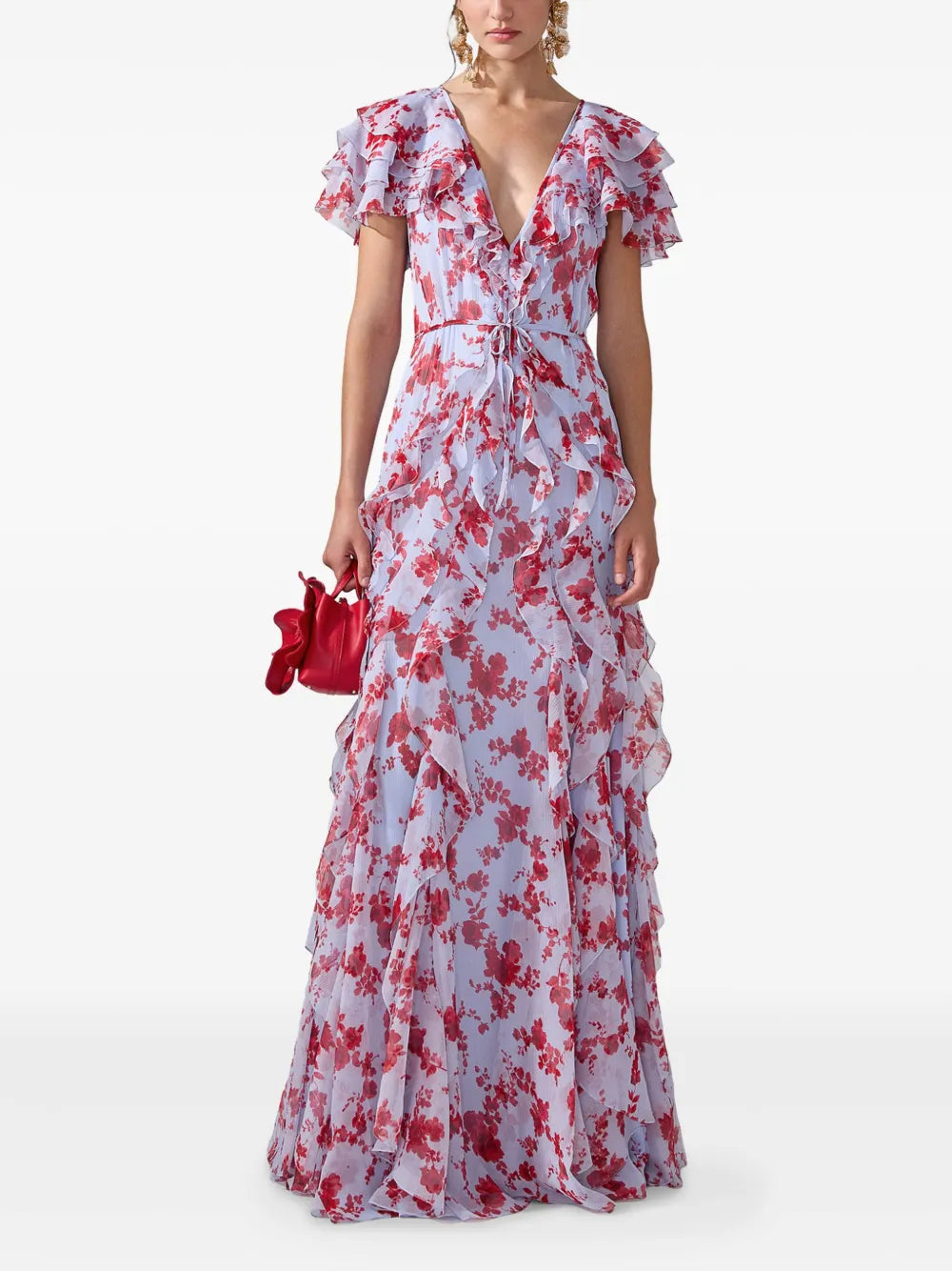 Floral-Print Ruffled Gown