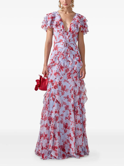 Floral-Print Ruffled Gown