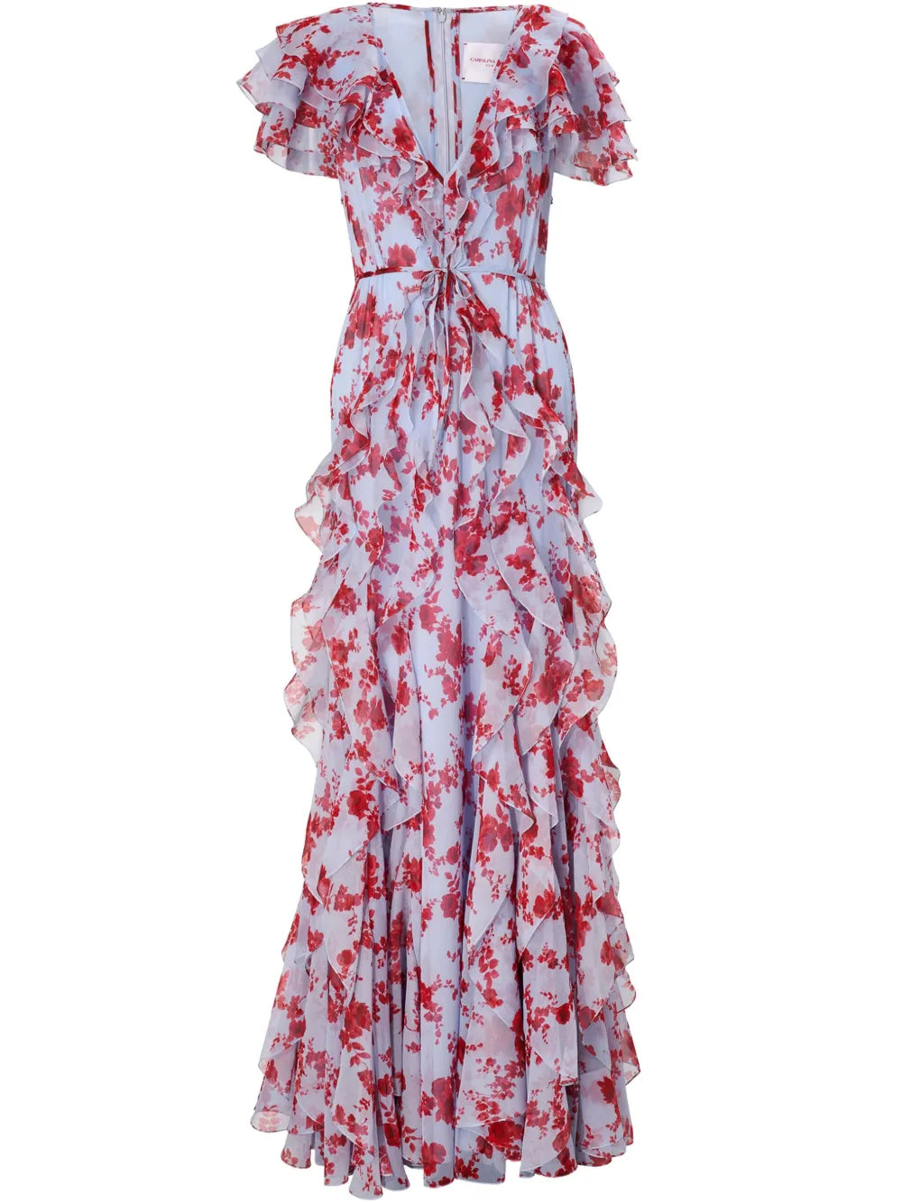 Floral-Print Ruffled Gown