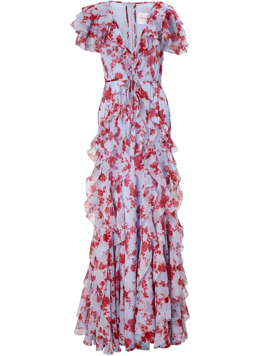 Floral-Print Ruffled Gown