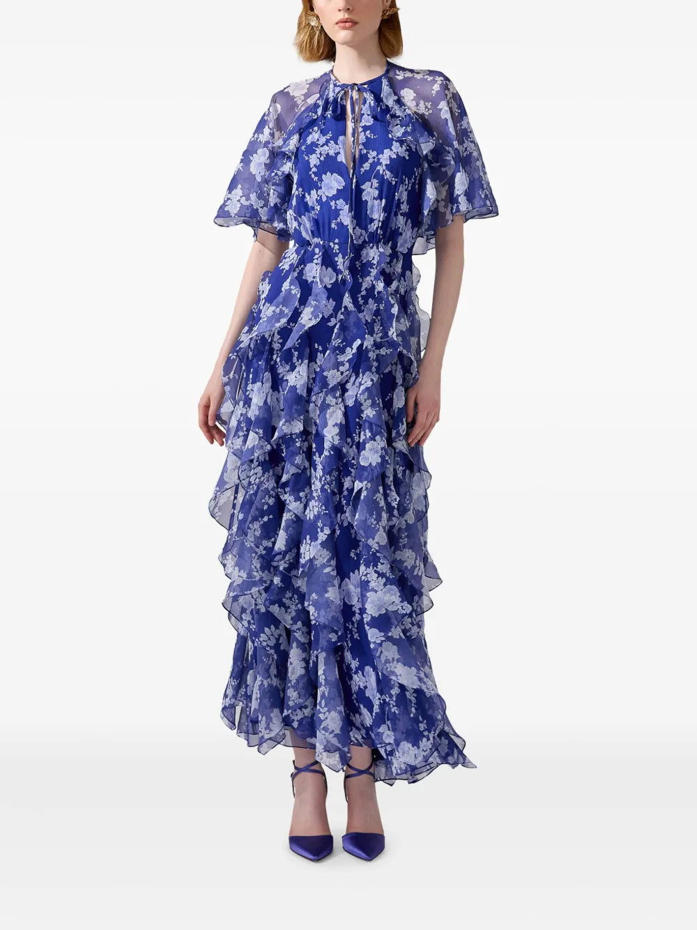 Floral-Print Ruffled Silk Dress