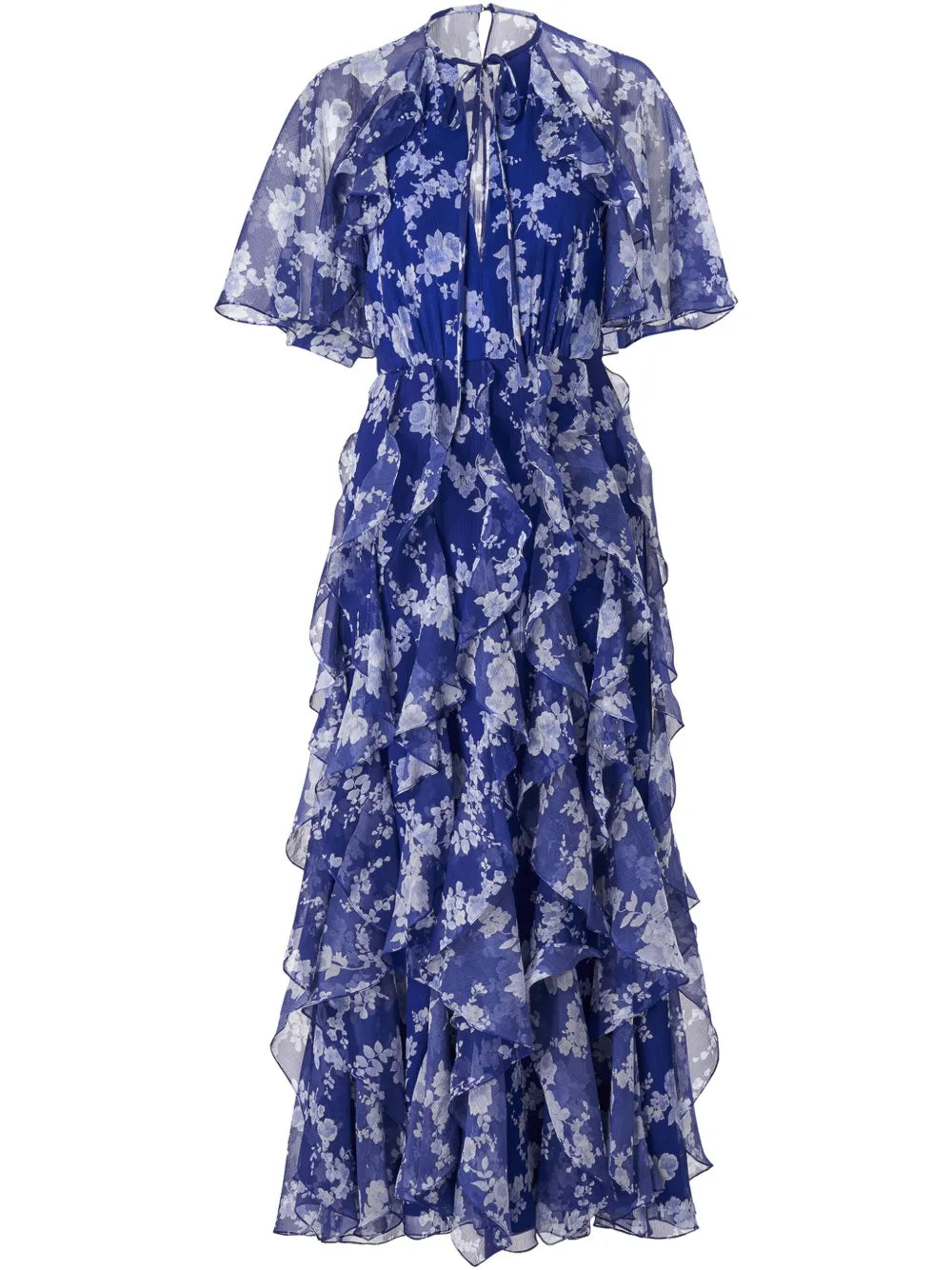 Floral-Print Ruffled Silk Dress