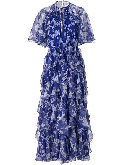 Floral-Print Ruffled Silk Dress
