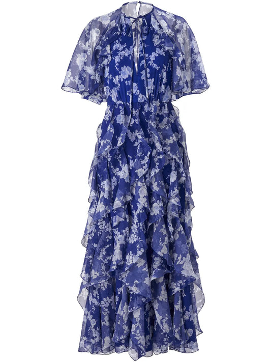 Floral-Print Ruffled Silk Dress