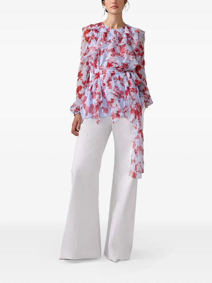 Floral-Print Ruffled Silk Top