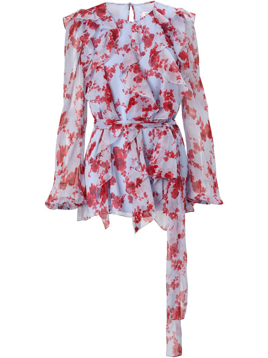 Floral-Print Ruffled Silk Top