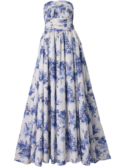 Floral-Print Strapless Gown