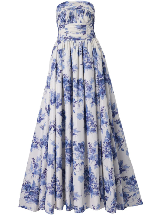 Floral-Print Strapless Gown