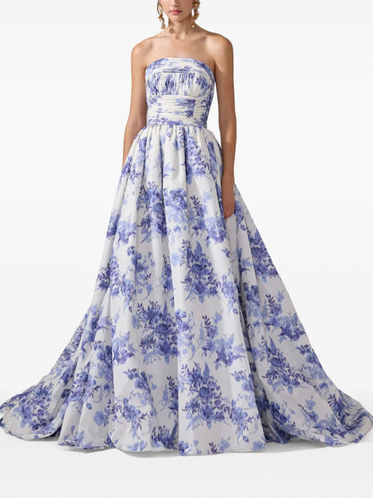 Floral-Print Strapless Gown