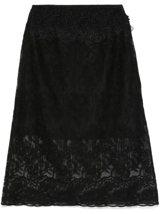 Floral-Embroidery Midi Skirt