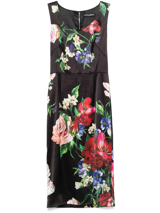 Floral-Print Satin Midi Dress