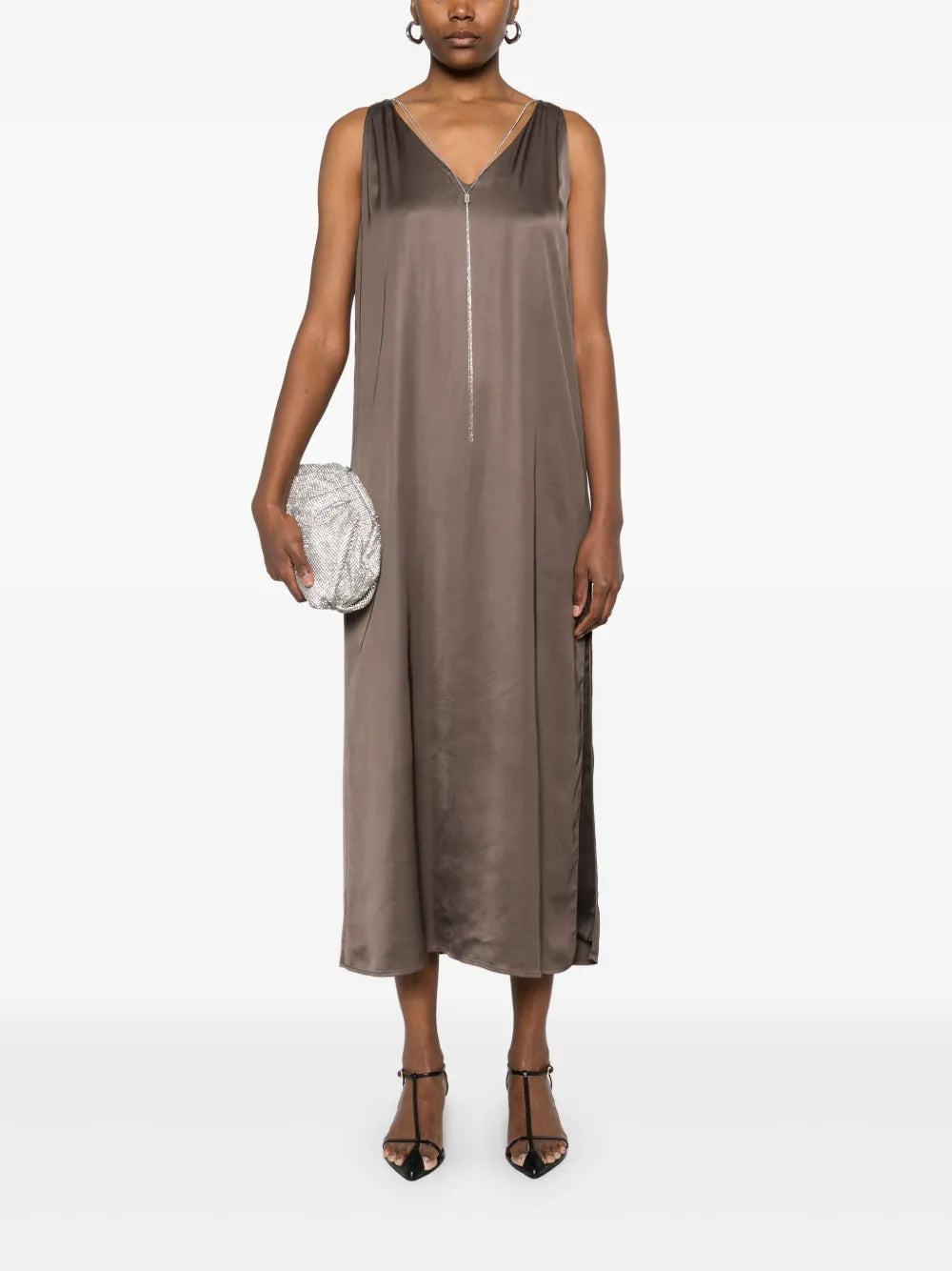 Jewel-Embellished Satin Midi Dress