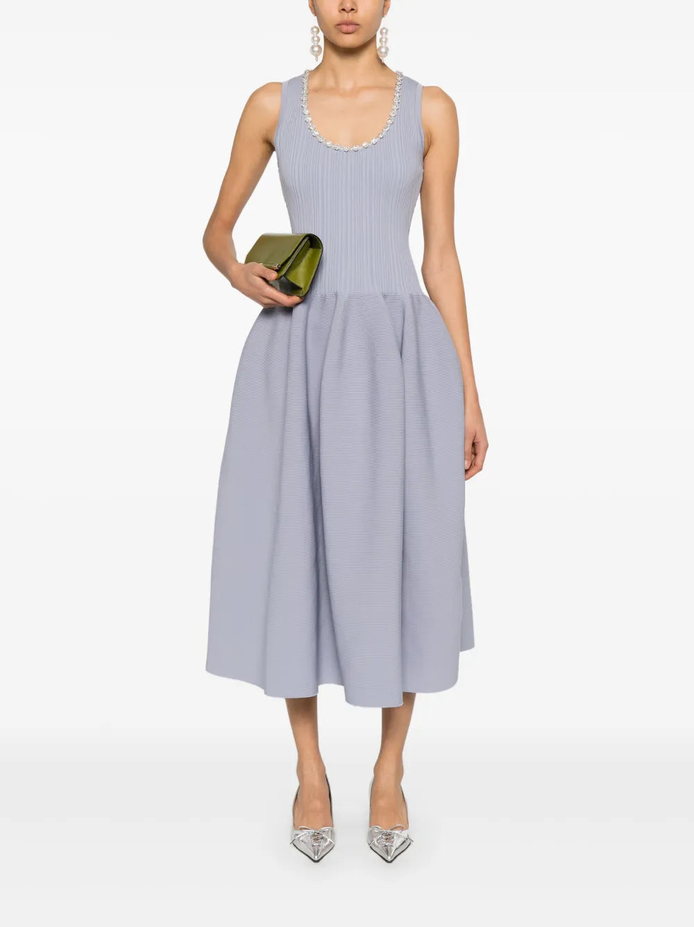 Rhinestone-Embellished Ribbed Midi Dress
