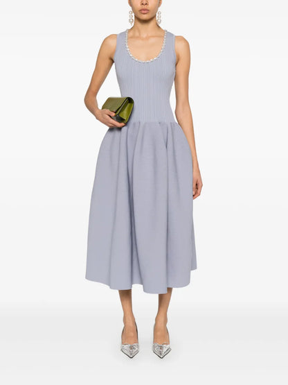 Rhinestone-Embellished Ribbed Midi Dress