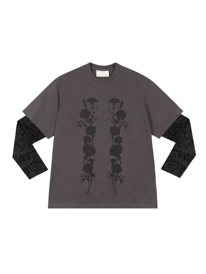 Foliage-Print Double-Layered "Black" T-Shirt