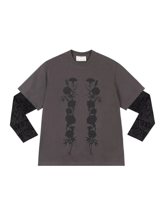 Foliage-Print Double-Layered "Black" T-Shirt
