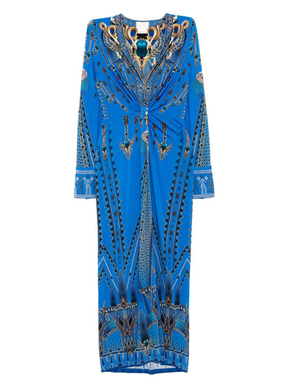 Long V-Neck Twist Front Jersey Dress