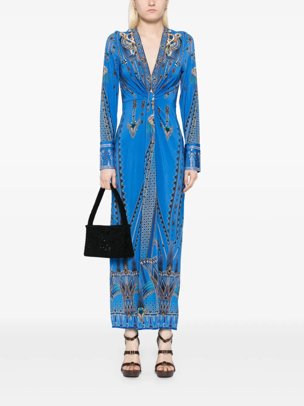 Long V-Neck Twist Front Jersey Dress