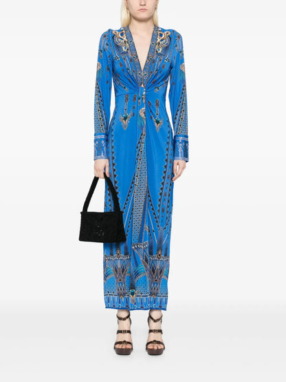 Long V-Neck Twist Front Jersey Dress