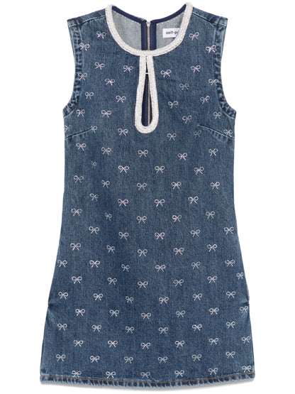 Crystal-Bow Denim Mini Dress