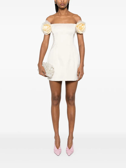 Floral-Appliqué Satin Mini Dress