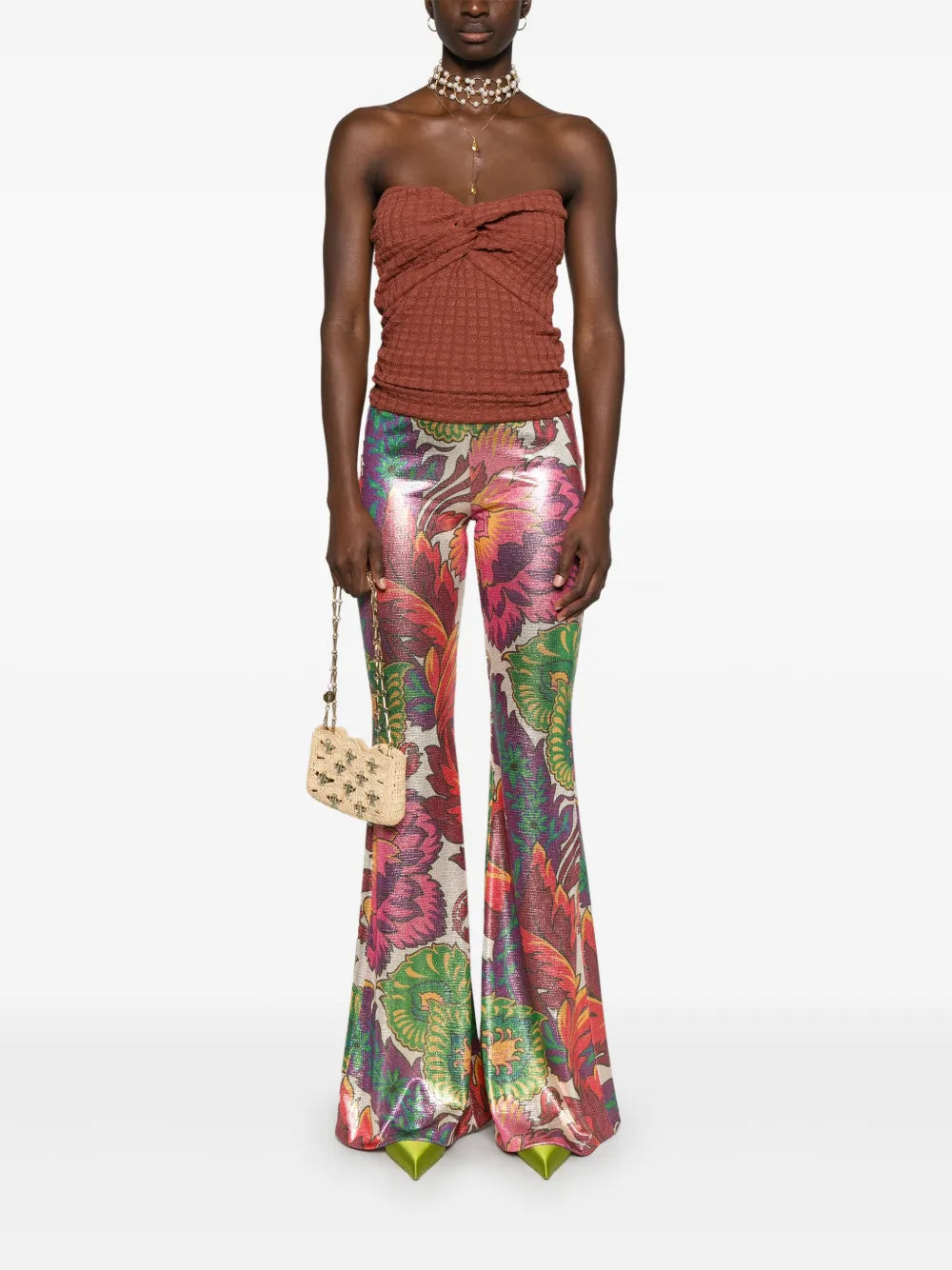 Floral-Print Laminated Trousers