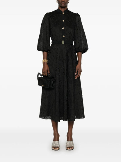 Floral-Appliqué Midi Dress