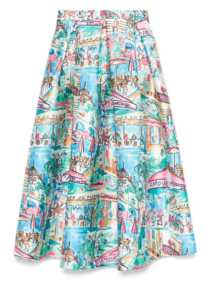Illustration-Print Midi Skirt