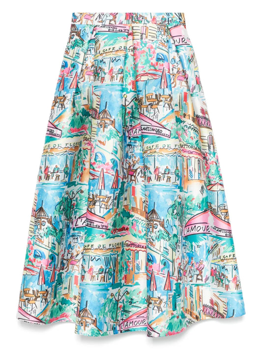 Illustration-Print Midi Skirt